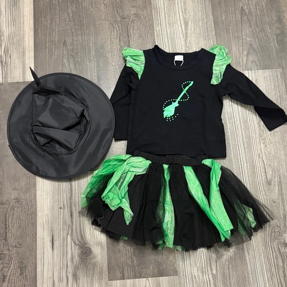 Wicked Elphaba Girls Shirt and Skirt Witch Costume with Green/Black Tutu 18-24